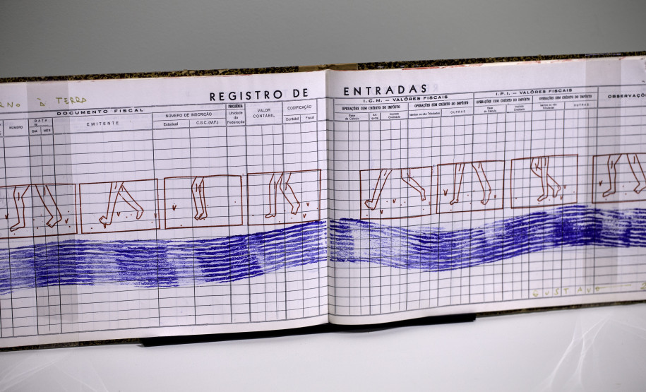 Gustavo Caboco. caminhadas no caderno-da-onça, 2020. Carimbo sobre caderno de contabilidade. Acervo Museu Paranaense.