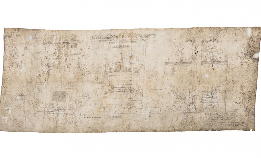 Plano de secador para erva-mate, s.d. Desenho sobre tecido. Acervo Museu Paranaense