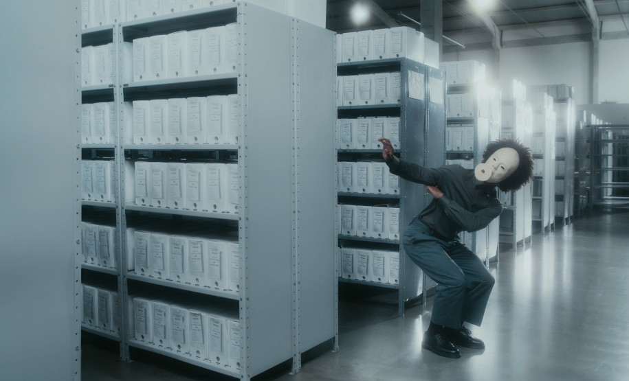 homem negro com uma máscara branca de cerâmica coreografando em um arquivo