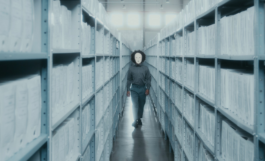 homem negro com uma máscara branca de cerâmica coreografando em um arquivo