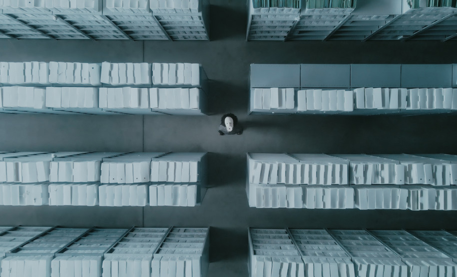 homem negro com uma máscara branca de cerâmica coreografando em um arquivo