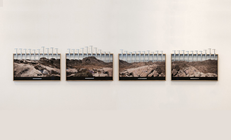 Equalizador para horizontes distantes Obra Equalizador para horizontes distantes - Itatiaia de Marcelo Mosqueta. Impressão com tinta pigmentada mineral, rotulador mecânico e paquímetros de aço sobre moldura de freijó. 75 x 430 cm. 2015. Coleção do SESC-SP.