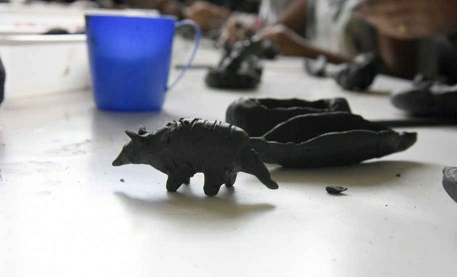 Escultura em argila imitando bichos feitas durante oficina de modelagem promovida pelo setor de Arqueologia durante encontro dos Xetá no Museu Paranaense.