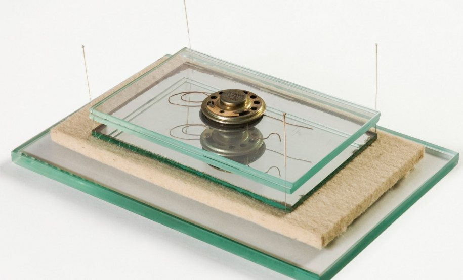 Obra de Paulo Vivacqua Obra de Paulo Vivacqua de 2011 feita em vidro, feltro, espelho, cobre, auto-falante e agulhas. Dimensões 16 x 23 x 9 cm.